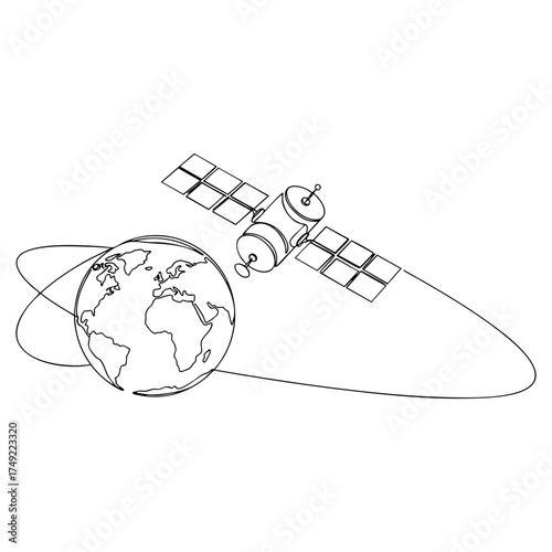 Vector line art of a communication satellite orbiting Earth with trajectory line, educational and technological artwork representing global connection and space exploration.