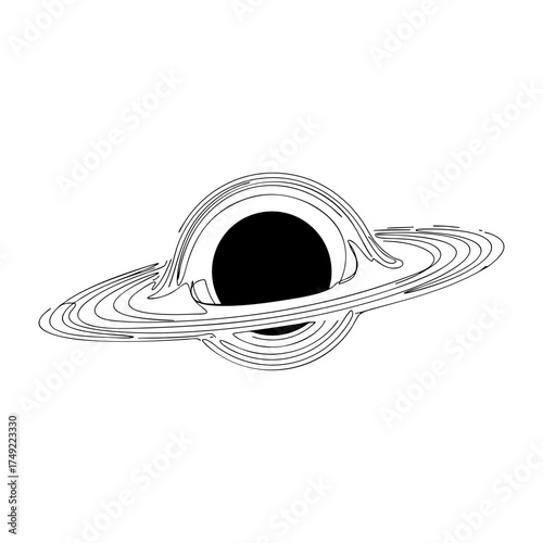 Black hole vector line art with gravitational rings and warped light, minimalist astrophysical concept illustration