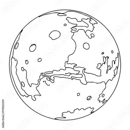 Vector line art of a stylized alien planet with rough surface patterns and circular craters, artistic astronomy illustration in cosmic minimalist style.