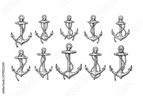 Anchors and Ropes Set engraving vector illustration