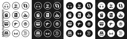 Set Socks, Crossword, Book, Headphones, Man hat, Robot, School backpack and Waist bag of banana icon. Vector