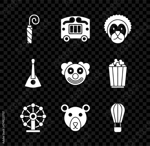 Set Birthday party horn, Circus wagon, Wild lion, Ferris wheel, Bear head, Hot air balloon, Balalaika and Clown icon. Vector