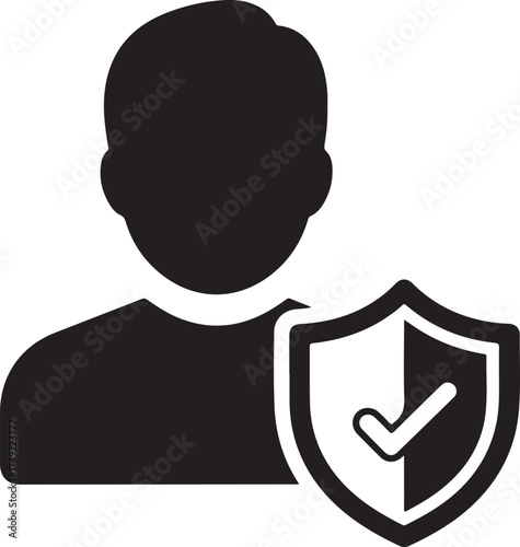 Vector art of silhouette illustration of a person with a shield and checkmark, symbolizes protection, security, safety, and trust in a bold and modern design on