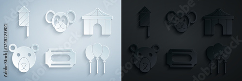 Set Circus ticket, tent, Bear head, Balloons with ribbon, Monkey and Firework rocket icon. Vector