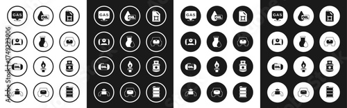 Set Canister for motor oil, Oil petrol test tube, Gas tank vehicle, Location and gas station, drop, Propane and storage icon. Vector