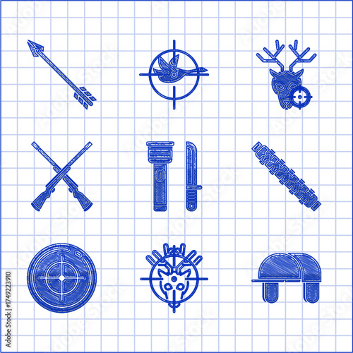 Set Flashlight and knife, Hunt on deer with crosshairs, Hunter hat, Hunting cartridge belt cartridges, Target sport for shooting competition, Two crossed shotguns, and Hipster arrow icon. Vector