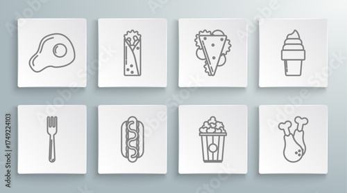 Set line Fork, Doner kebab, Hotdog sandwich with mustard, Popcorn in cardboard box, Chicken leg, Sandwich, Ice cream waffle cone and Scrambled eggs icon. Vector