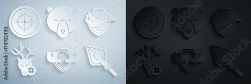 Set Moose horns on shield, Flying duck, Hunt deer with crosshairs, Hipster arrow tip, Bear head and Target sport for shooting competition icon. Vector
