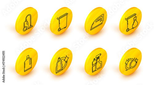 Set line Washing dishes, Plastic bottles for liquid dishwashing liquid, Trash can, Electric iron, and Vacuum cleaner icon. Vector