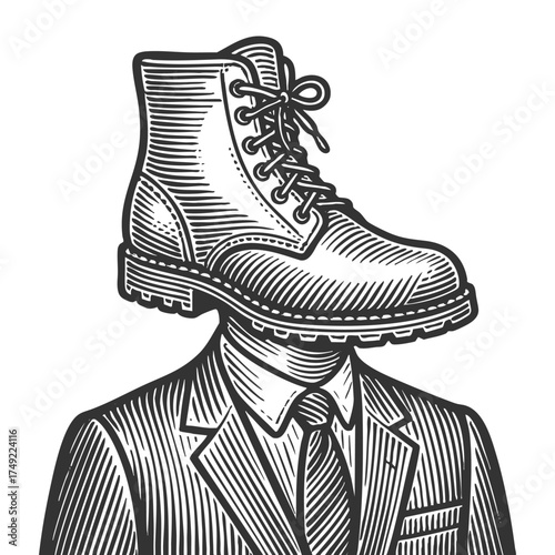 man in a suit with a boot for a head, representing conformity, authority, or absurdity sketch engraving generative ai fictional character vector illustration. Scratch board. Black and white image.