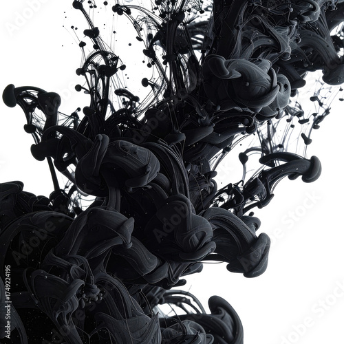 Swirling dark ink plumes against black background, creating abstract shapes and textures
