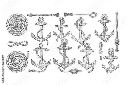 Anchors and Ropes Set, engraving vector illustration