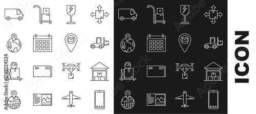 Set line Mobile phone with app delivery tracking, Warehouse, Forklift truck, Fragile broken glass symbol, Calendar, Worldwide, Delivery cargo vehicle and Placeholder map paper icon. Vector