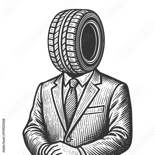 man in a suit with a tire for a head sketch engraving generative ai fictional character vector illustration. Scratch board imitation. Black and white image.