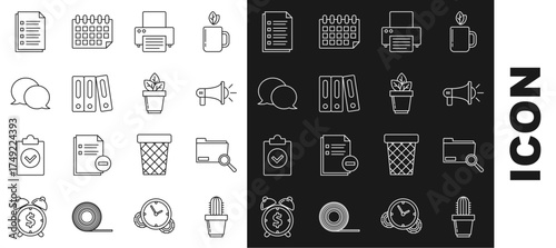 Set line Cactus and succulent in pot, Search concept with folder, Megaphone, Printer, Office folders papers documents, Speech bubble chat, File and Flowers icon. Vector
