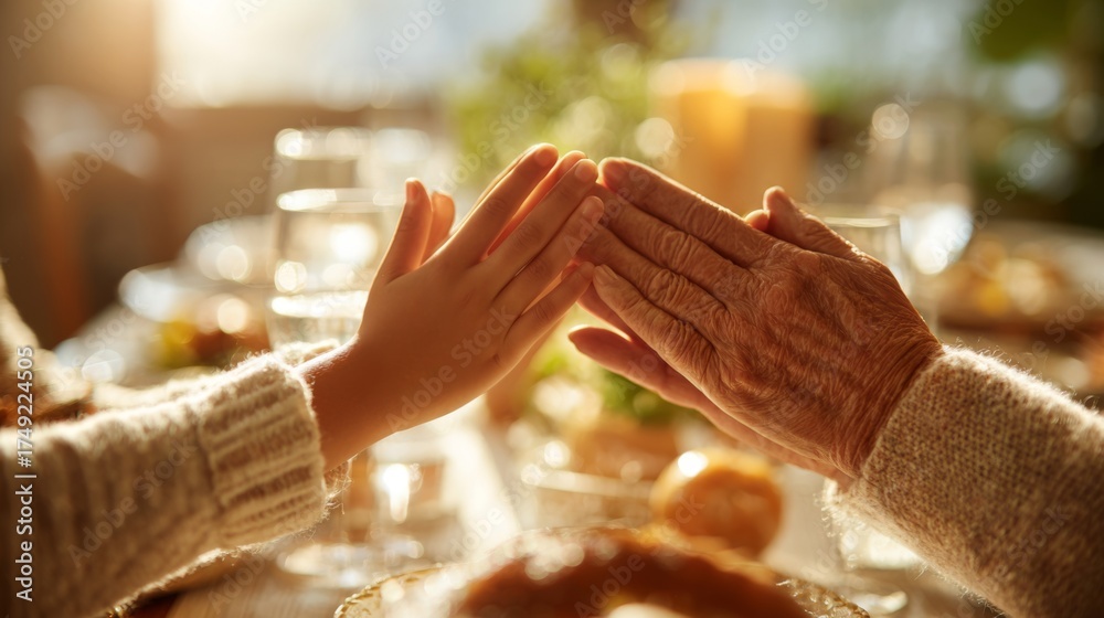 Obraz premium A warm moment between a child and an elderly woman sharing a meal, highlighting generational bonding and family love.