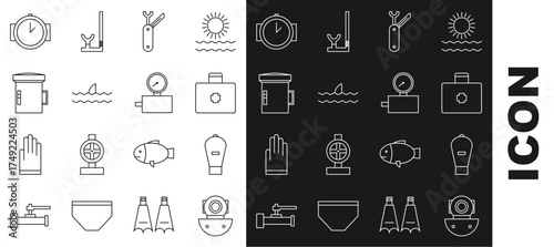 Set line Aqualung, Lift bag, First aid kit, Swiss army knife, Shark fin in ocean wave, Big flashlight for diver, Diving watch and Gauge scale icon. Vector