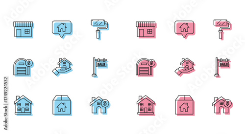 Set line Home symbol, Cardboard box with house, Shopping building or market store, House dollar, Realtor, Hanging sign text Sale, Warehouse and Map pointer icon. Vector