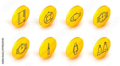 Set line Rubber flippers for swimming, Carabiner, Army knife, Diving watch, Wind rose, Fish, Lifebuoy and Underwater note book and pencil icon. Vector