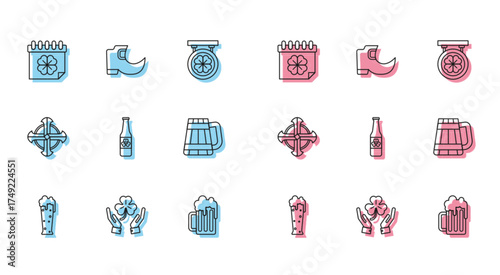 Set line Glass of beer, Human hands holding four leaf clover, Saint Patricks day with calendar, Wooden mug, Beer bottle, Celtic cross and Tradition leprechaun boots icon. Vector