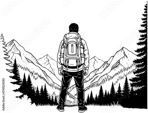 Adventurer with backpack conquers mountain range, finding freedom and inspiration outdoors