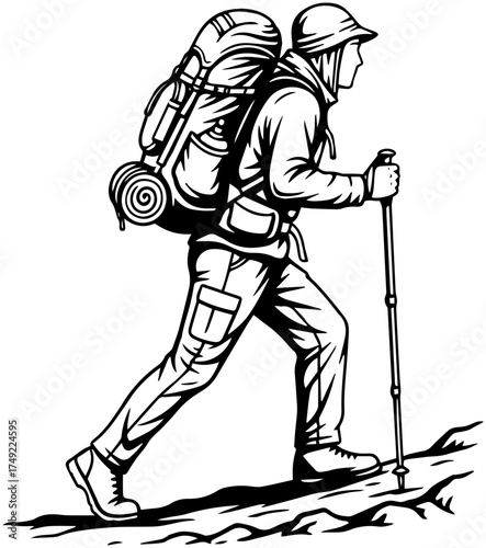 Adventurous trekker climbs mountain with hiking sticks and backpack, vector graphic