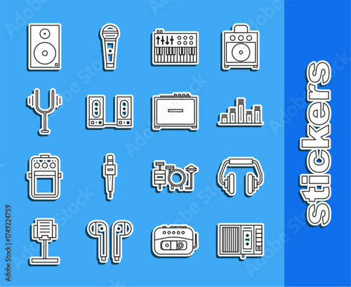 Set line Music tape player, Headphones, equalizer, synthesizer, Stereo speaker, Musical tuning fork, and Guitar amplifier icon. Vector