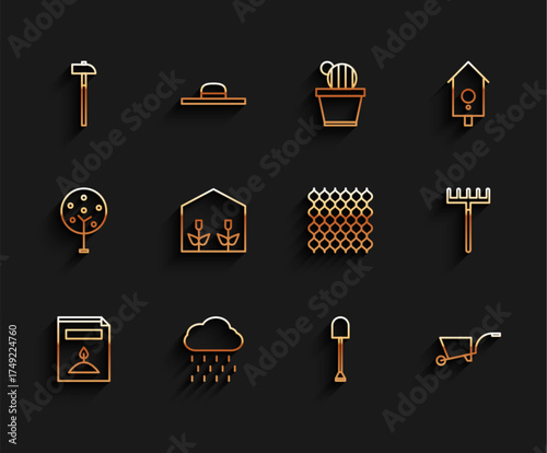 Set line A pack full of seeds of a specific plant, Cloud with rain, Hammer, Shovel, Wheelbarrow, Home greenhouse and plants, Garden rake and fence wooden icon. Vector