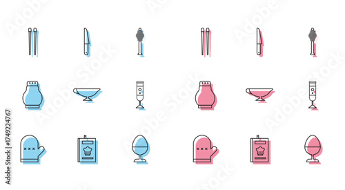 Set line Oven glove, Cookbook, Food chopsticks, Chicken egg on a stand, Sauce boat, Blender, Salt pepper and Knife icon. Vector