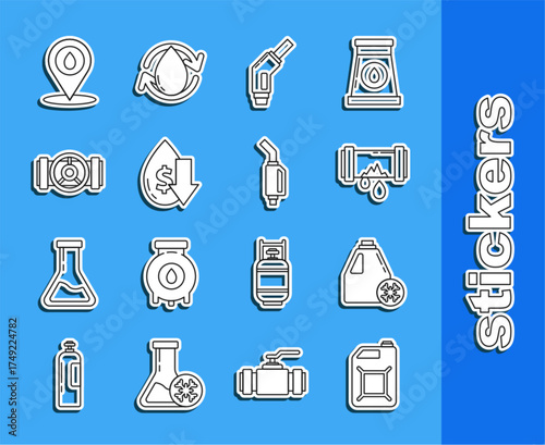 Set line Canister for gasoline, Broken metal pipe with leaking water, Gasoline pump nozzle, Drop crude oil price, Industry metallic pipes and valve, Refill petrol fuel location and icon. Vector