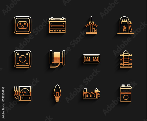 Set line Ampere meter, voltmeter, Light bulb, Electrical outlet in the USA, Power station plant and factory, Car battery, Wire electric cable reel drum, High voltage power pole line and icon. Vector
