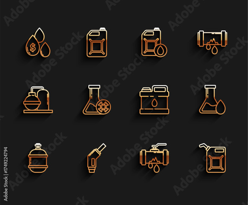 Set line Propane gas tank, Gasoline pump nozzle, Oil drop with dollar symbol, Broken metal pipe leaking water, Canister for gasoline, Antifreeze test tube, petrol and motor machine oil icon. Vector
