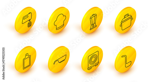 Set line Kitchen ladle, Electric stove, Frying pan, Cutting board, Cooking pot, Blender, Chef hat and mixer icon. Vector