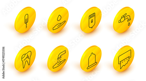 Set line Paper towel dispenser on wall, Condom, Washing hands with soap, Broken tooth, Water tap, Electrical hair clipper or shaver, and Sanitary tampon icon. Vector