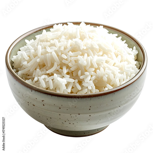 Steaming, fluffy white rice in a speckled ceramic bowl against a black background