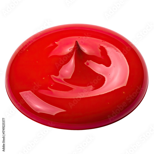 Shiny, glossy red, oval-shaped liquid, droplet isolated against a black backdrop