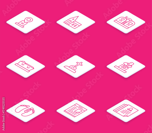 Set line Location grave, Church building, Grave with tombstone, Coffin dead, cross, Dead body and Obituaries icon. Vector
