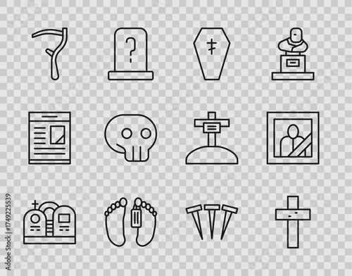 Set line Grave with tombstone, Christian cross, Coffin, Dead body, Scythe, Skull, Metallic nails and Mourning photo frame icon. Vector