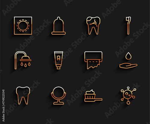 Set line Tooth, Round makeup mirror, Condom in package safe sex, Toothbrush with toothpaste, Virus, Tube of, Washing hands soap and Paper towel dispenser wall icon. Vector