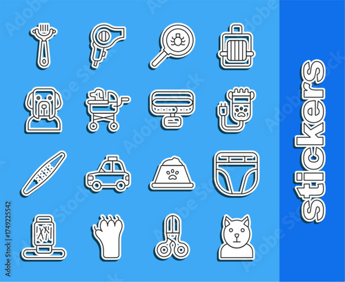 Set line Cat, Diaper for dog, Hair clipper pet, Flea search, Pet stroller, Dog, brush and cat and Collar with name tag icon. Vector