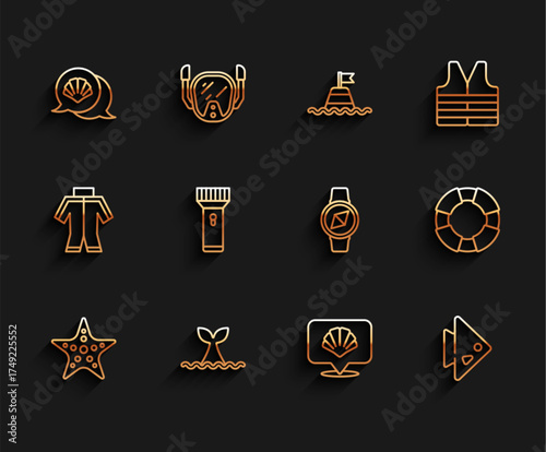 Set line Starfish, Whale tail in ocean wave, Scallop sea shell, Fish, Flashlight, Lifebuoy and Compass icon. Vector