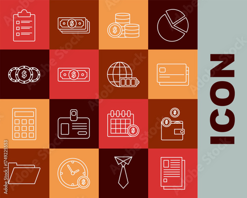 Set line File document, Wallet with coins, Credit card, Coin money dollar symbol, Stacks paper cash, Clipboard checklist and Battery charge level indicator earth globe icon. Vector