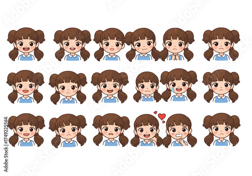 Cute cartoon girl character with a set of different facial expressions.