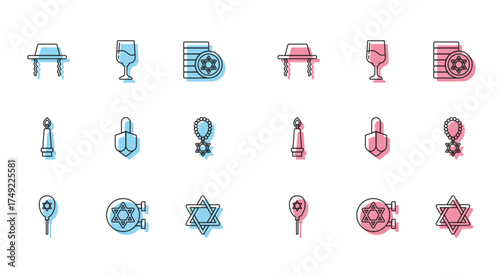 Set line Balloon with star of david, Jewish synagogue, Orthodox jewish hat, Star David, Hanukkah dreidel, necklace chain, Burning candle and goblet icon. Vector