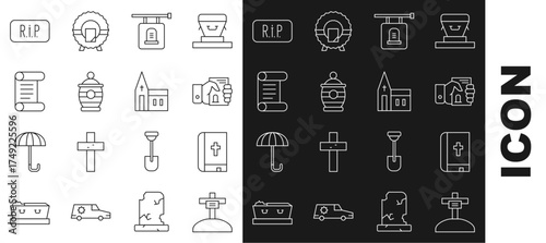 Set line Grave with cross, Holy bible book, Death certificate in hand, Signboard tombstone, Funeral urn, Decree, parchment, scroll, Speech bubble rip death and Church building icon. Vector
