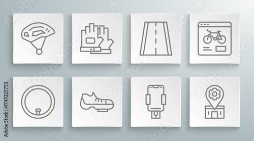 Set line Bicycle wheel, Gloves, shoes, Mobile holder, repair service, lane, rental mobile app and helmet icon. Vector