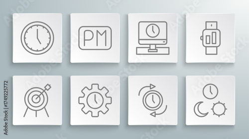 Set line Target sport, Day time, Time Management, Clock with arrow, and night, Monitor, Smartwatch and icon. Vector