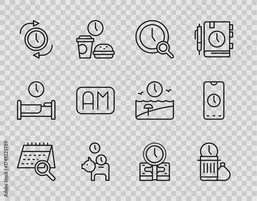 Set line Calendar search, Waste of time, Magnifying glass with clock, Piggy bank coin, Clock arrow, Morning, Time is money and Alarm app mobile icon. Vector