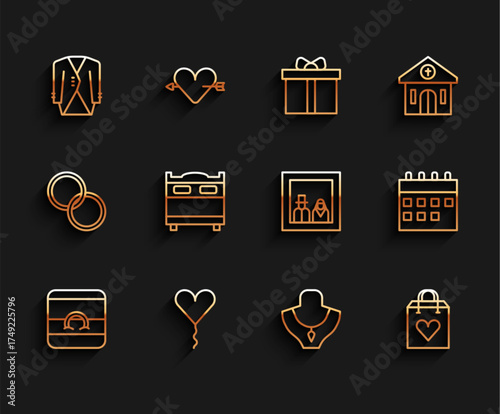 Set line Wedding rings, Balloon form of heart, Suit, Necklace mannequin, Shopping bag with, Bedroom, Calendar and Family photo icon. Vector