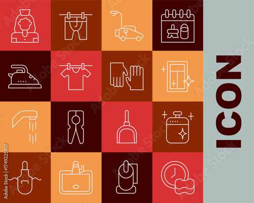 Set line Washing dishes, Clean cooking pot, Cleaning service for window, Lawn mower, Drying clothes, Electric iron, lady and Rubber gloves icon. Vector